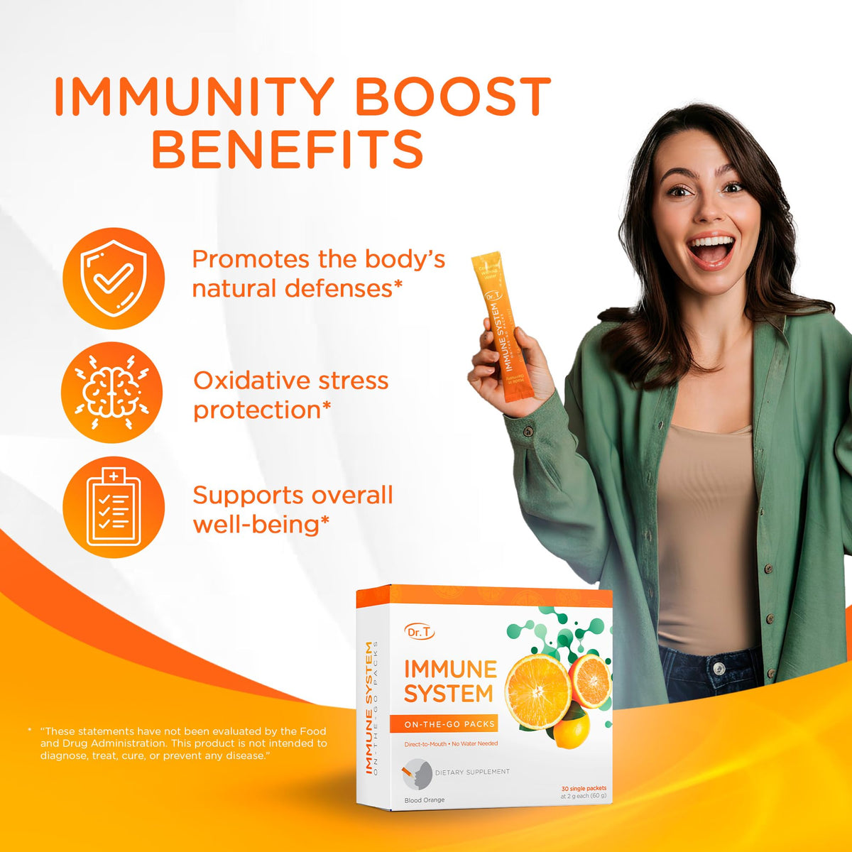 Dr. T On-the-go Packs – Immune System Formula – No Water Needed, Direct-to-Mouth – with Vitamins C, E, Zinc & Selenium – Supports Daily Wellness, Vitality & Overall Health – Orange, 30 Packs Dr. T
