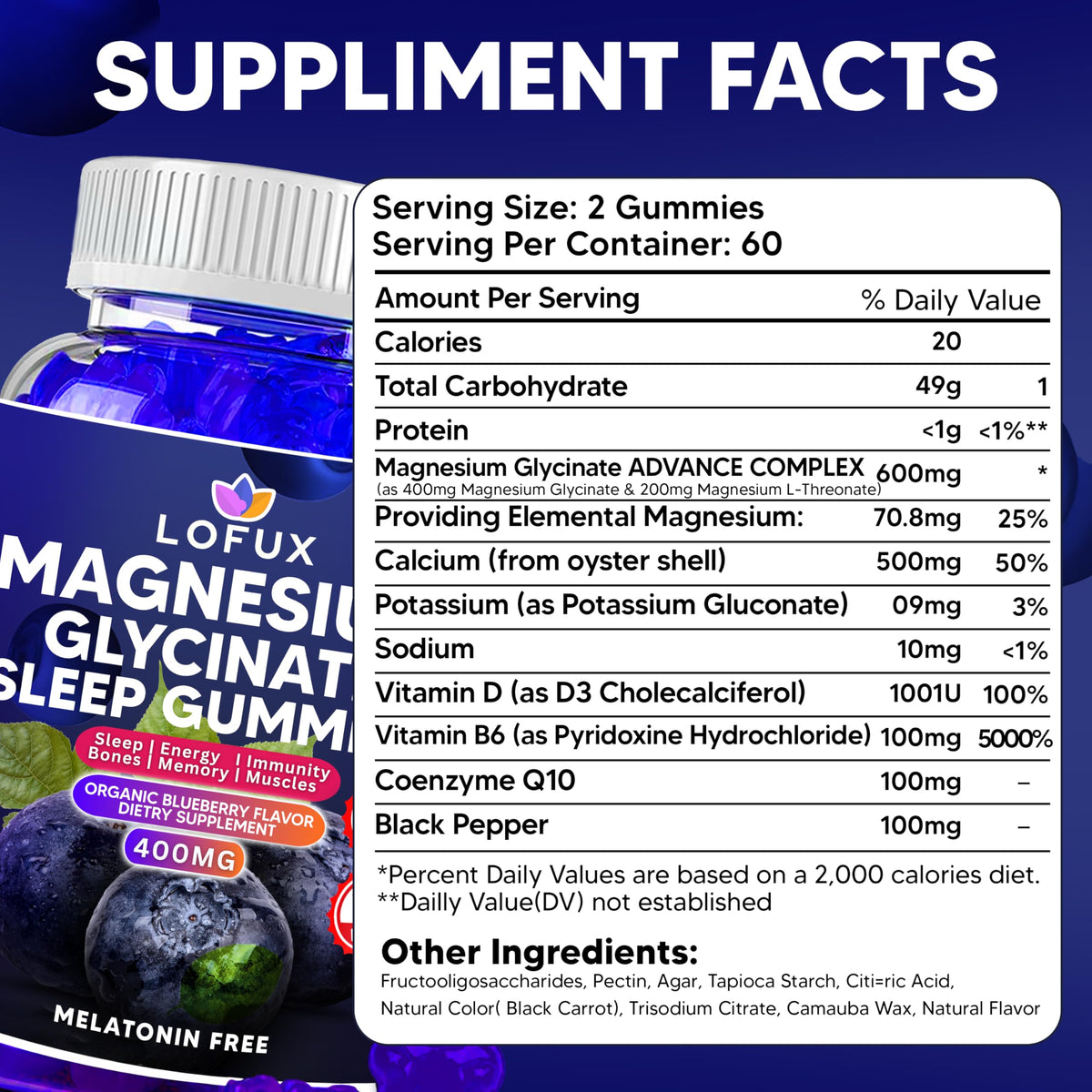 Lofux Magnesium Glycinate Gummies 400mg, Sugar Free Magnesium Gummies for Adults Women, Men, Chewable Supplement Gummy with L-Threonate, Vitamin D, B6, CoQ10 Lofux