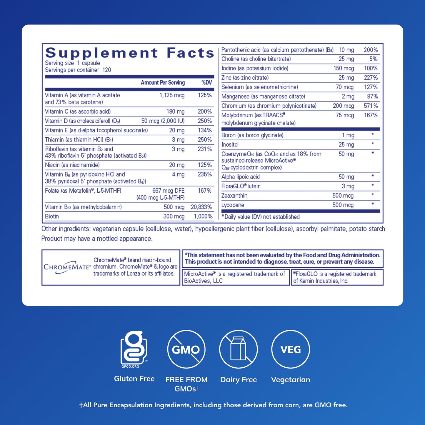 Pure Encapsulations O.N.E. Multivitamin - Once Daily Multivitamin with Antioxidant Complex Metafolin, CoQ10, and Lutein to Support Vision, Cognitive Function, and Cellular Health* - 120 Capsules Pure Encapsulations