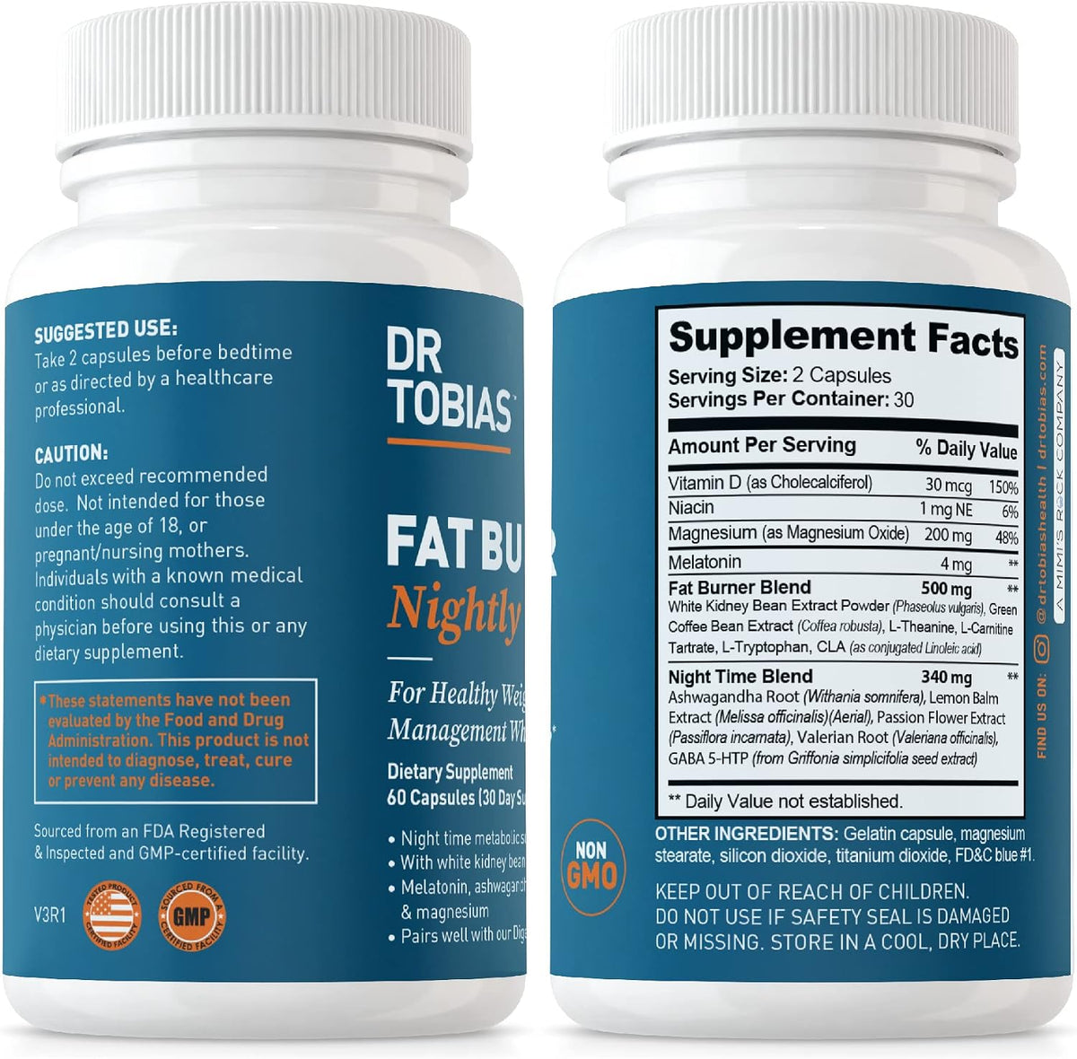 Dr. Tobias Fat Burner Nightly - Night Time Metabolic Support with White Kidney Bean Extract, Ashwagandha Root, Green Coffee Bean Extract & Melatonin | Non-GMO (60 Capsules 30 Day Supply) Gsupps Australia