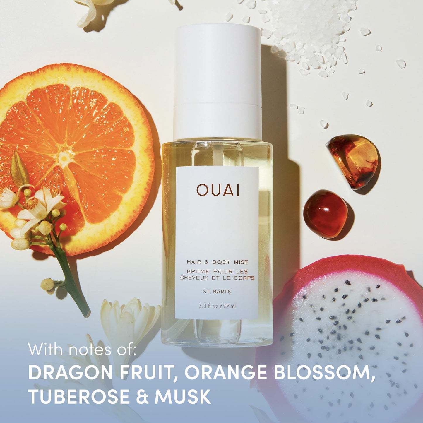 OUAI St. Barts Travel Bundle - Includes Travel Size Scalp & Body Scrub, Foaming Shower Gel, Hydrating Cream, and Hair & Body Mist (4 Count, 3.4 Oz/3.4 Oz/3 Oz/3.3 Oz) OUAI