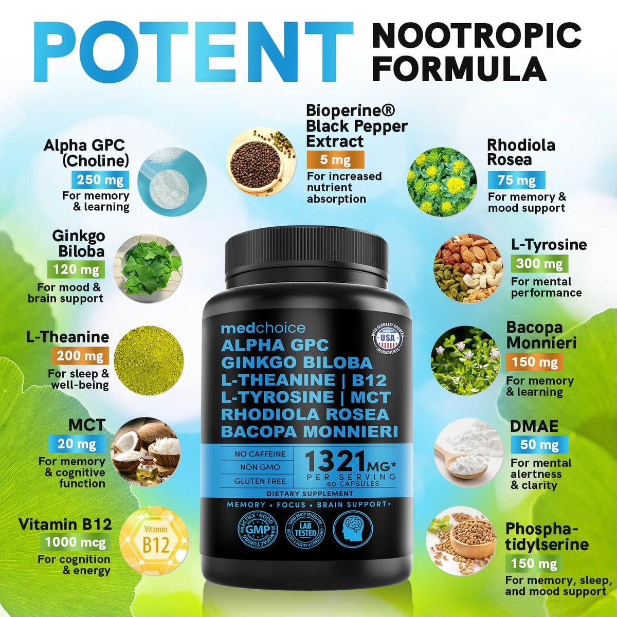 12-in-1 Nootropic Brain Supplement Anhydrous: Ginkgo Biloba for Brain Support, Memory and Focus - B12, Alpha GPC, L Theanine and Choline Supplements with Bioperine non Caffeinated 1321mg (120ct) MEDCHOICE