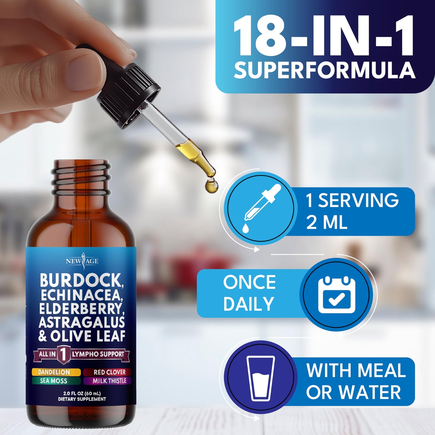 NEW AGE Lymphatic Drainage Supplement - Burdock Lymphatic Support Drops - Burdock Root, Mullein, Echinacea, Elderberry, Dandelion, Astragalus, Milk Thistle, Red Clover - 4 oz NEW AGE