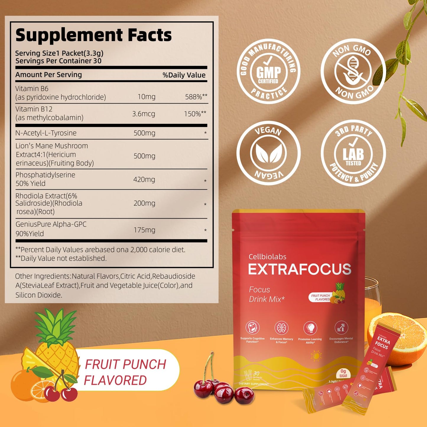 Nootropic Extra Focus Drink Mix, 30 Packs On-The-Go Sticks, Featuring Alpha-GPC, Lion's Mane & Rhodiola, Sugar-Free Packets Fruit Punch Clean Drink Mix Cellbiolabs