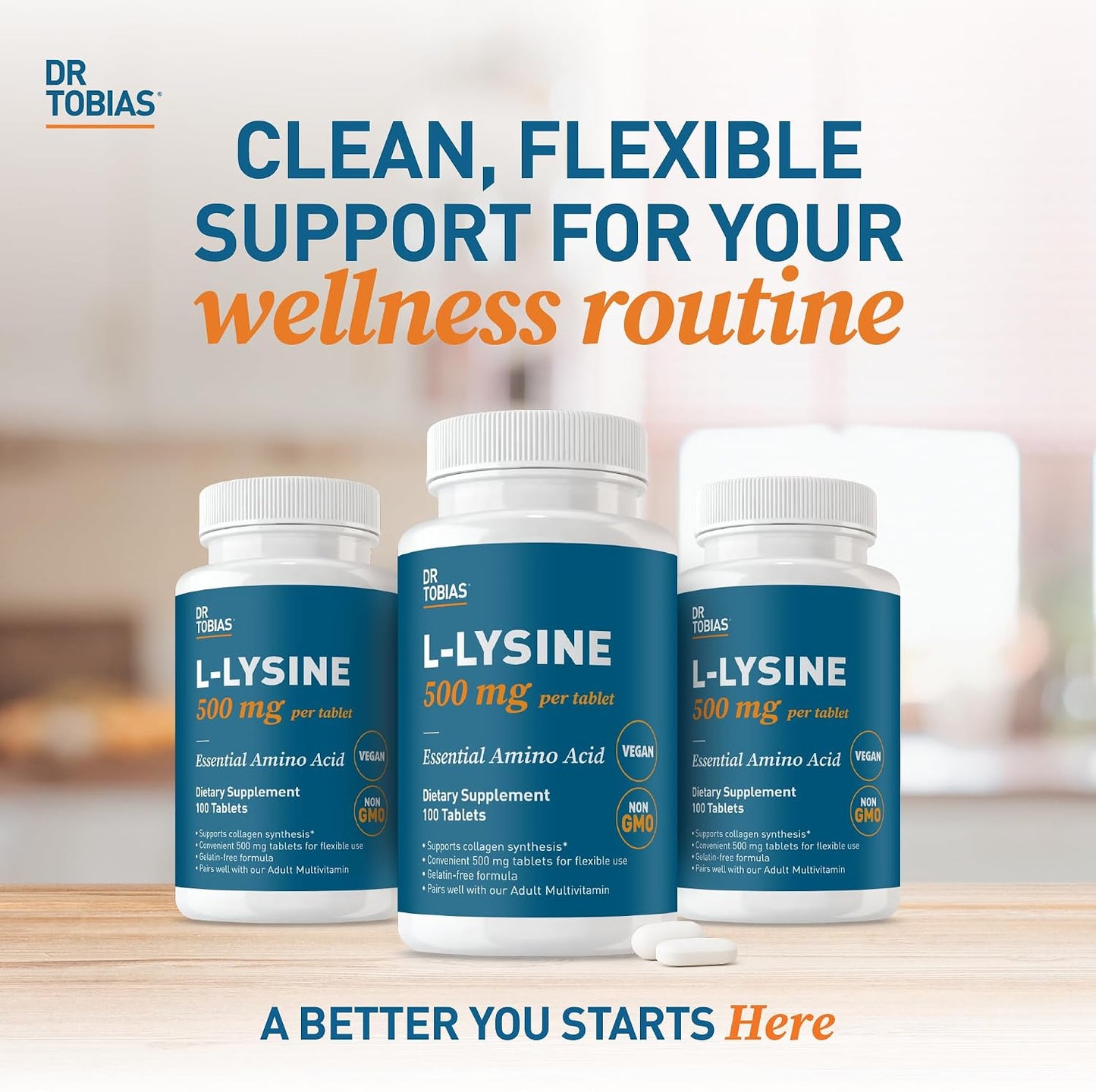 Dr. Tobias L-Lysine 500 mg Tablets | Essential Amino Acid for Daily Wellness | Supports Collagen Synthesis* | Vegan, Non-GMO, Gelatin-Free Lysine Supplement | 100 Tablets