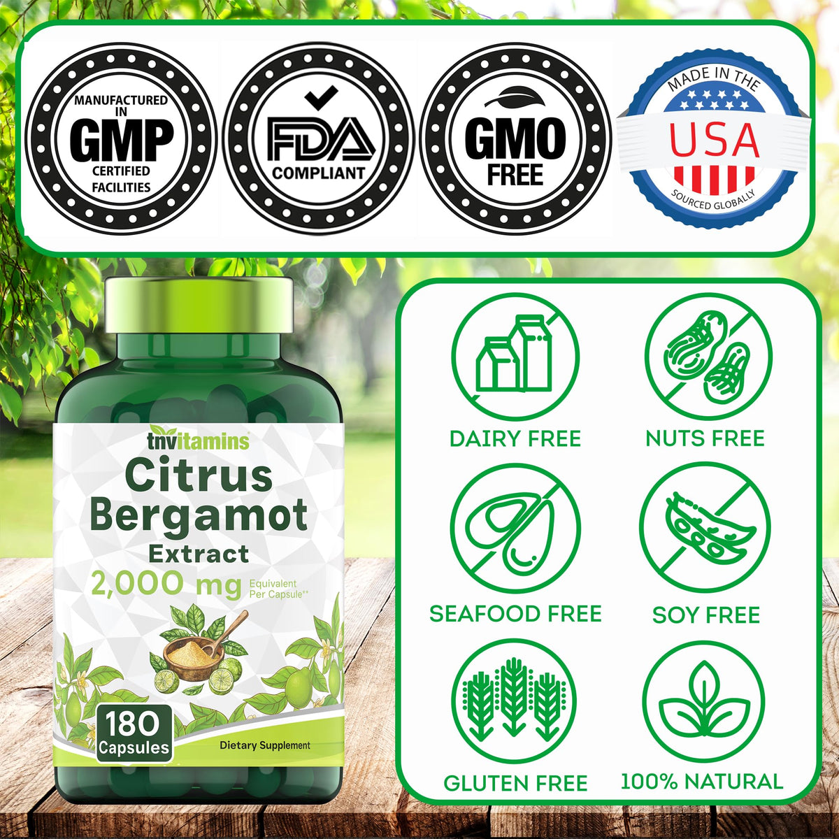 tnvitamins Citrus Bergamot 2000mg - 180 Capsules | Ultra Potent Citrus Bergamot Supplement 2000 mg Per 1 Capsule Serving tnvitamins
