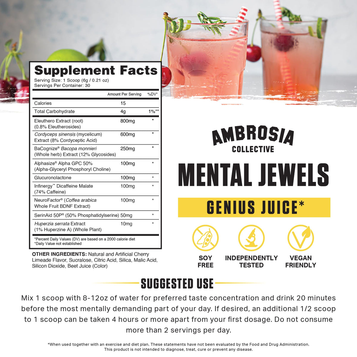 Ambrosia Mental Jewels Nootropic Brain Supplement Powder | Alpha GPC, Bacopa & Phosphatidylserine | Memory, Focus & Concentration Support | 30 Servings | Cherry Limeade Ambrosia
