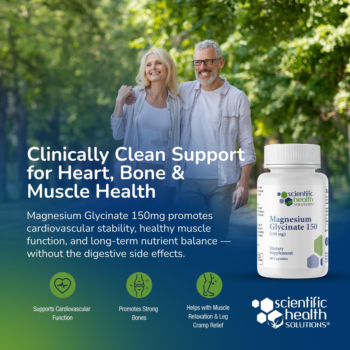 Scientific Health Solutions Magnesium Glycinate 150 mg – High‑Absorption Magnesium for Heart, Bone & Muscle Health – Supports Leg Cramps & Cardiovascular Function – Gentle on Stomach, Vegan, 60 Count Scientific Health Solutions