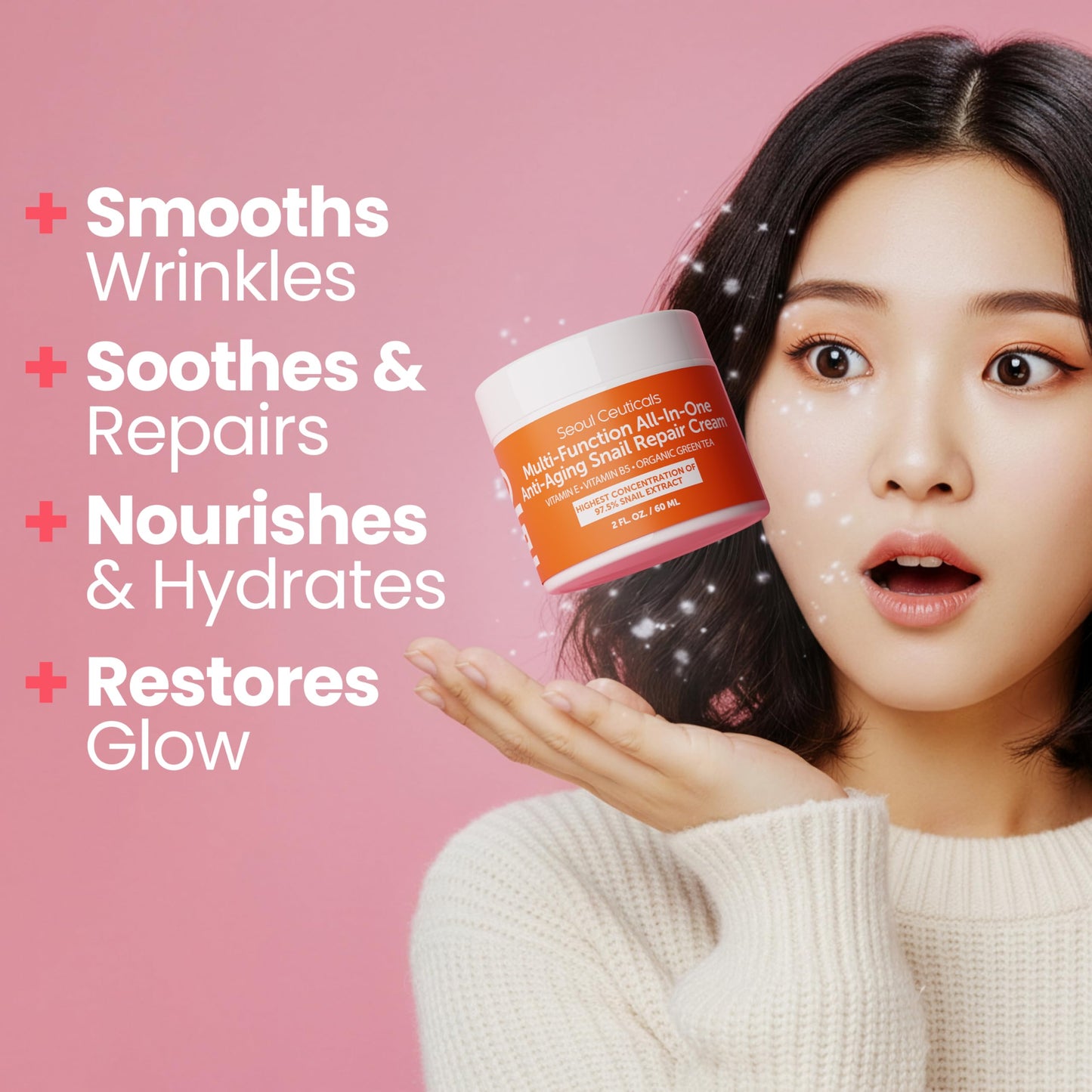 SeoulCeuticals Snail Mucin Moisturizer 97.5% - Korean Skin Care Snail Repair Cream - Day & Night Anti Aging K Beauty Skincare Cruelty Free 2oz SeoulCeuticals
