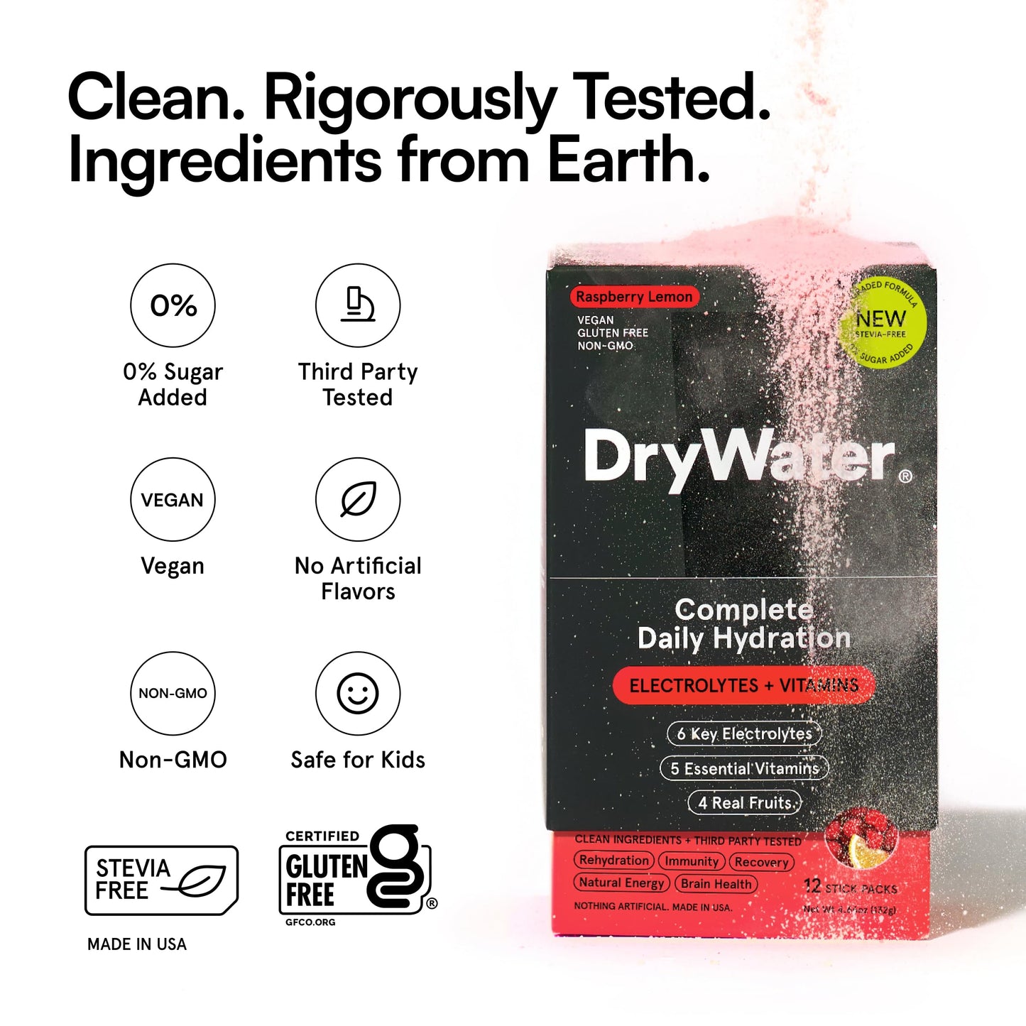 DryWater Electrolyte Powder Packets, Raspberry Lemon - Stevia-Free Hydration Packets Drink Mix with Zero Added Sugar for Rehydration & Energy - 6 Key Electrolytes DryWater