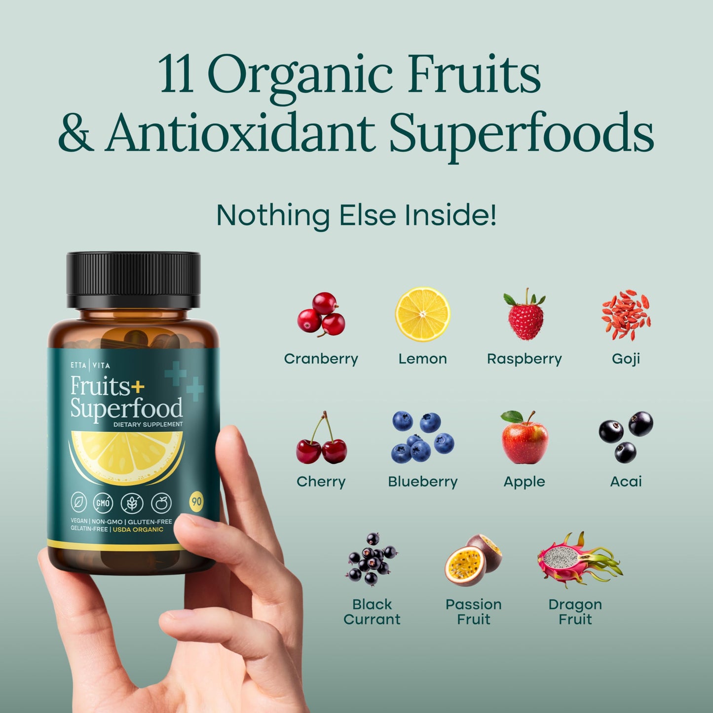 100% Organic Fruits and Veggies Supplement (USDA Organic - Made in USA) 180 Potent Fruits and Vegetable Capsules for Energy Boost & Daily Fruit and Vegetable Vitamins - Vegan, Non-GMO, Gluten-Free Etta Vita