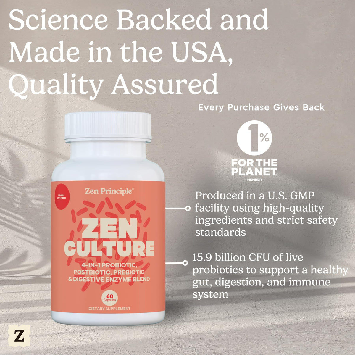 Zen Principle Zenculture™ – 4-in-1 Synbiotic Supplement (Probiotic + Prebiotic + Postbiotic + Digestive Enzymes) with CoreBiome®. Anti Bloating, Zen Principle