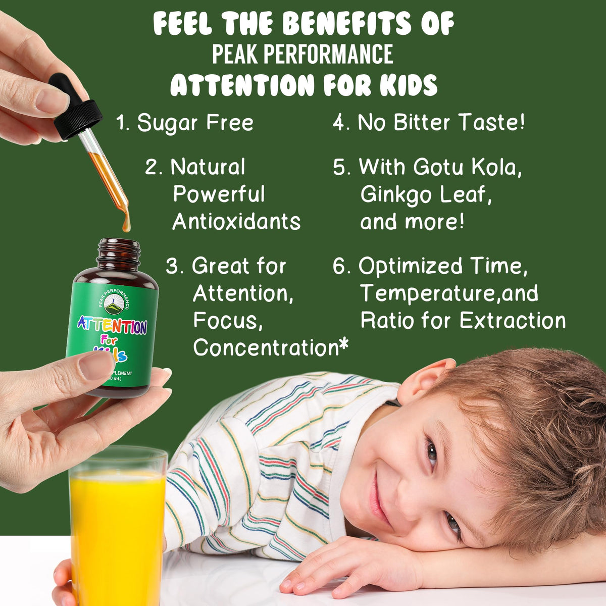 Kids Focus Drops. Attention Deficit Liquid Supplement for Concentration, Attention, Brain, Memory. No Bitter Taste. Natural Non-Habit Forming Sugar Free 7-in-1 Vegan Nootropic for Children, Teenagers Peak Performance