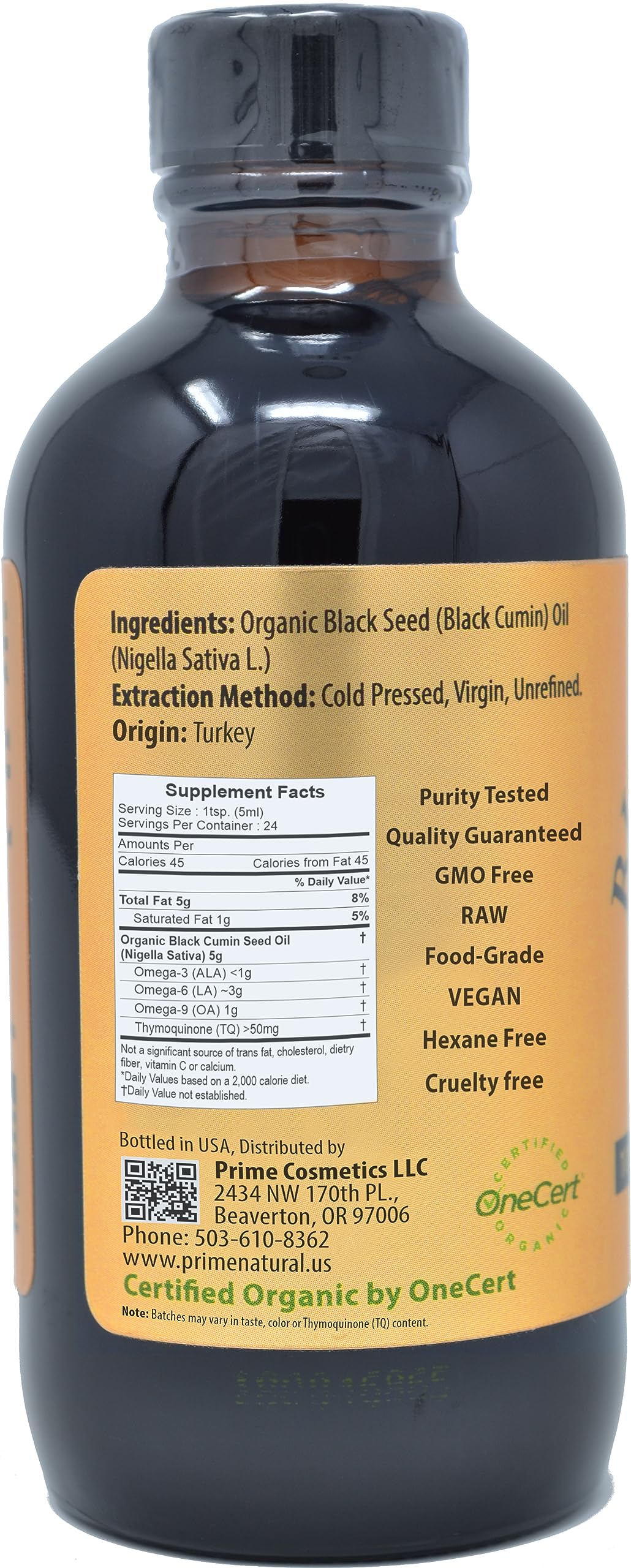 Prime Natural Organic Black Seed Oil 4oz - Cold Pressed Unrefined High Thymoquinone 1.7% USDA Certified - Turkish Origin Potent Nigella Sativa Liquid PRIME NATURAL