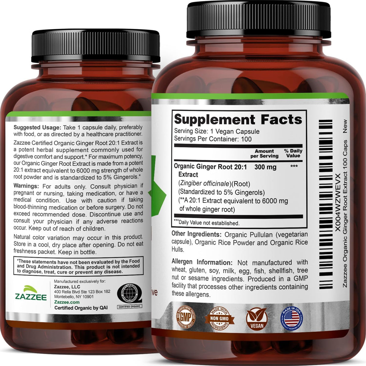 Zazzee USDA Organic Ginger Root 20:1 Extract, 5% Gingerols, 100 Capsules | Vegan, 3+ Month Supply, Digestive & Stomach Support, Zingiber Officinale, All-Natural, Non-GMO, Made in the USA Gsupps Australia