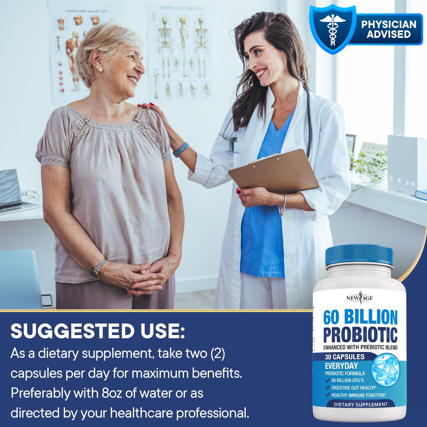 Probiotics 60 Billion CFU with Prebiotic Formula - Probiotics for Women and Men and Adults, 100% Natural Digestive Enzymes, NEW AGE