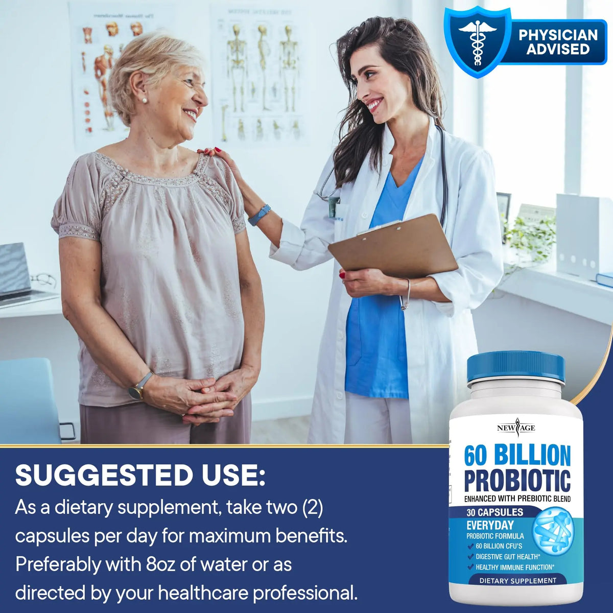 Probiotics 60 Billion CFU with Prebiotic Formula - Probiotics for Women and Men and Adults, 100% Natural Digestive Enzymes, NEW AGE