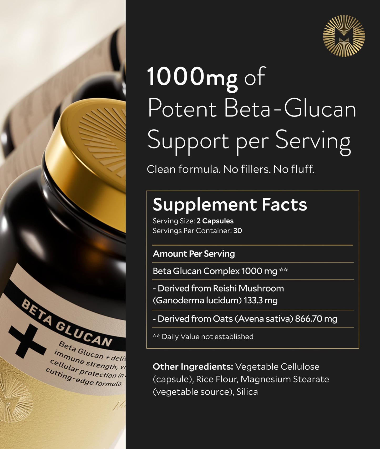 Manna Beta Glucan+ Capsules | 1000mg Beta Glucan Complex | Reishi Mushroom & Oats | Supplement for Immune Support, Heart Health, Cellular Renewal & Antioxidant Protection | 60 Count M Manna