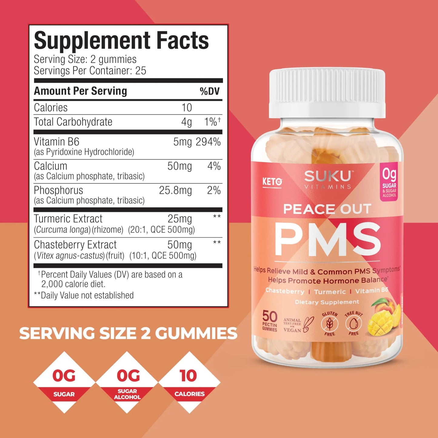 SUKU Vitamins - PMS Gummy Supplement with Chasteberry to Relieve PMS and Menopause Peach Mango Gummies (50 Count) SUKU