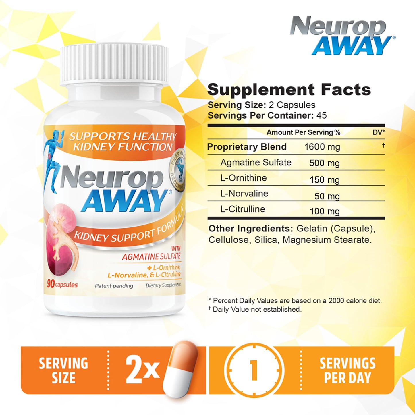 NeuropAWAY Kidney Support Formula Sugar Free with Agmatine Sulfate 500mg L-Novaline 50mg L-Ornithine 150mg L-Citrulline 100mg Per Capsule 90CT Fast Acting Kidney Support NeuropAWAY