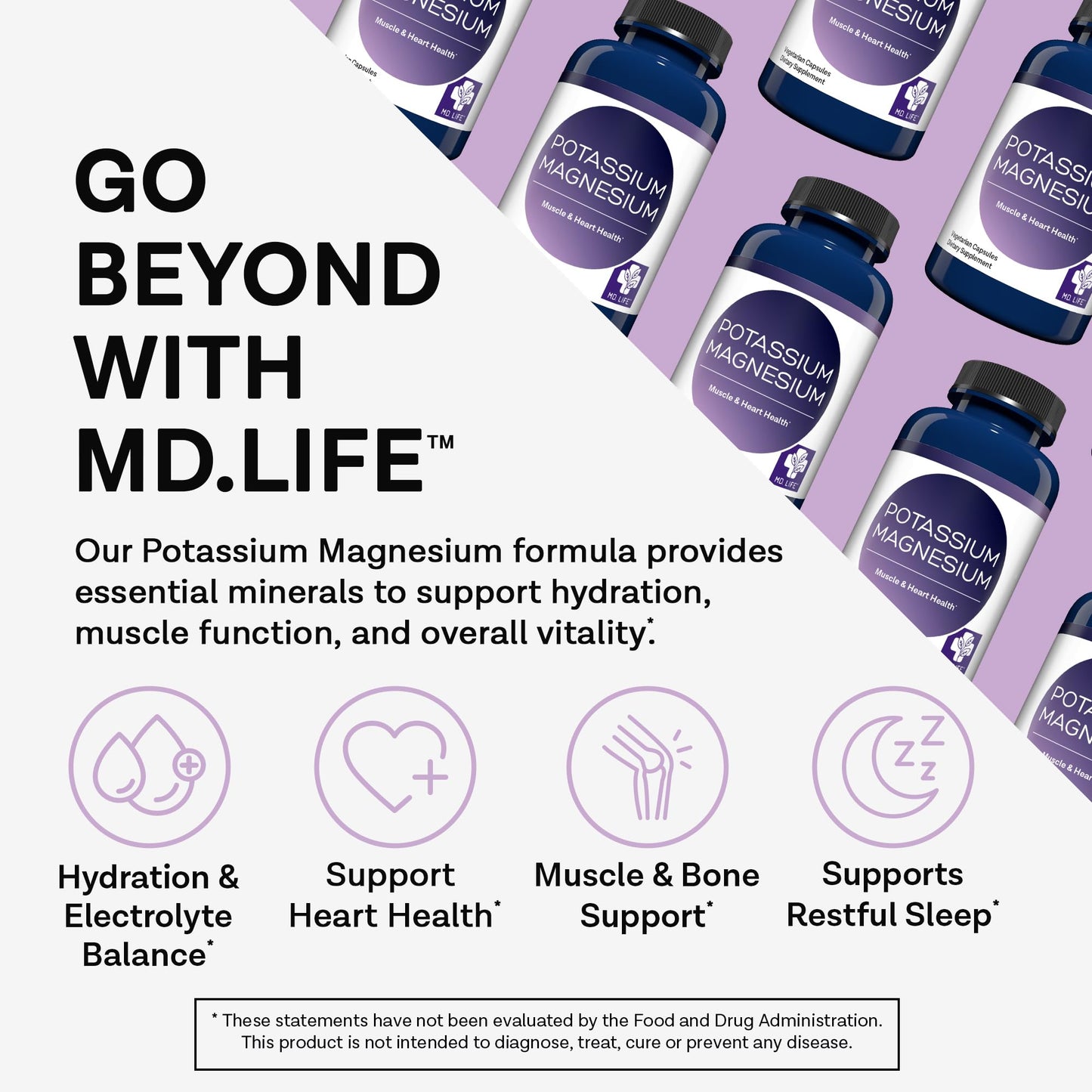 MD. Life Potassium Magnesium Supplement - 30 Capsules - High Absorption Magnesium Complex - Potassium Supplement to Support Vascular Health & Leg Cramp MD.LIFE