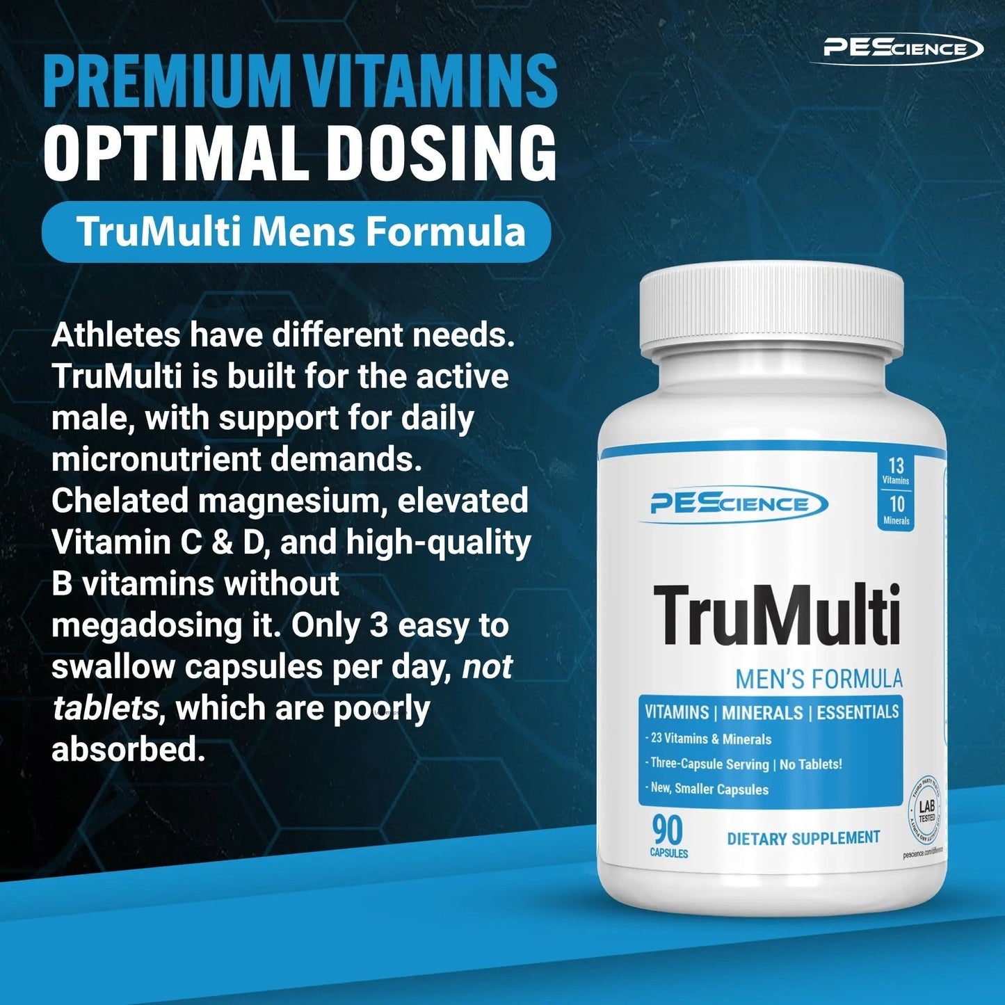 PEScience TruMulti Multivitamin for Men, Daily Formula with Premium Vitamin C, D, Zinc, Chromium Picolinate Supplement for Immune Support PEScience