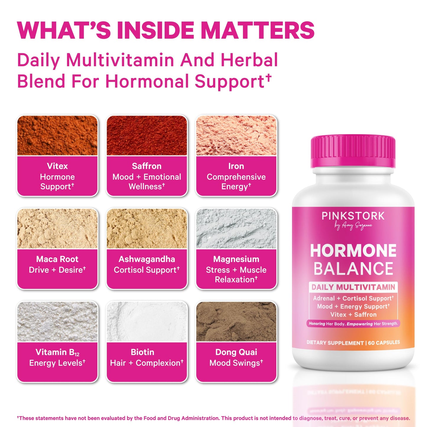 Pink Stork Hormone Balance Multivitamin for Women | 18-in-1 Vitex, Saffron, Ashwagandha, Magnesium | Mood, Energy, Cortisol, Adrenal Support | PMS, Perimenopause Support | 60 Vegan Capsules Pink Stork