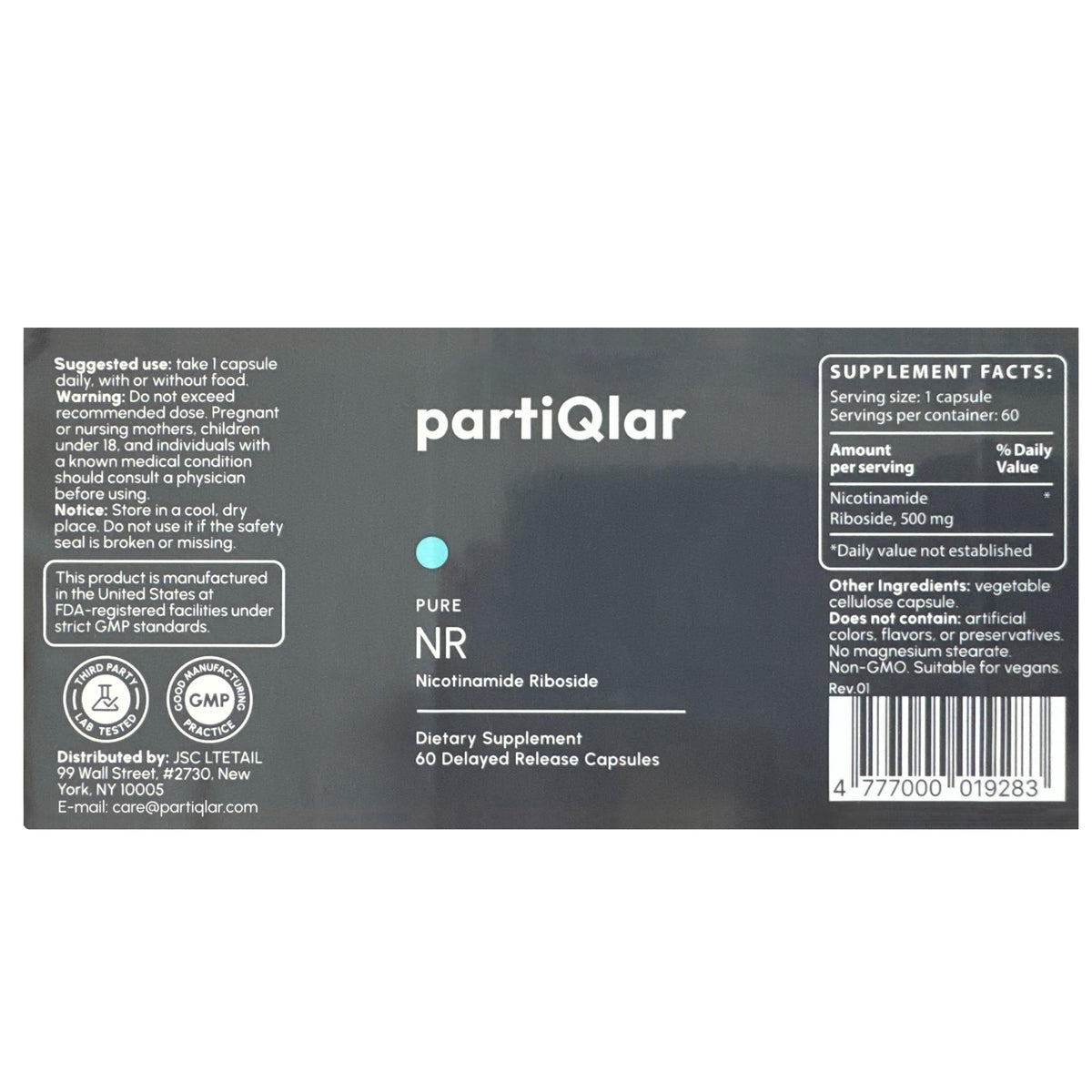 partiQlar Nicotinamide Riboside (NR) 500mg – NR Supplement for Cellular Health, Anti-Aging, Energy & Metabolism Support – 2-Month Supply (60 Capsules) partiQlar