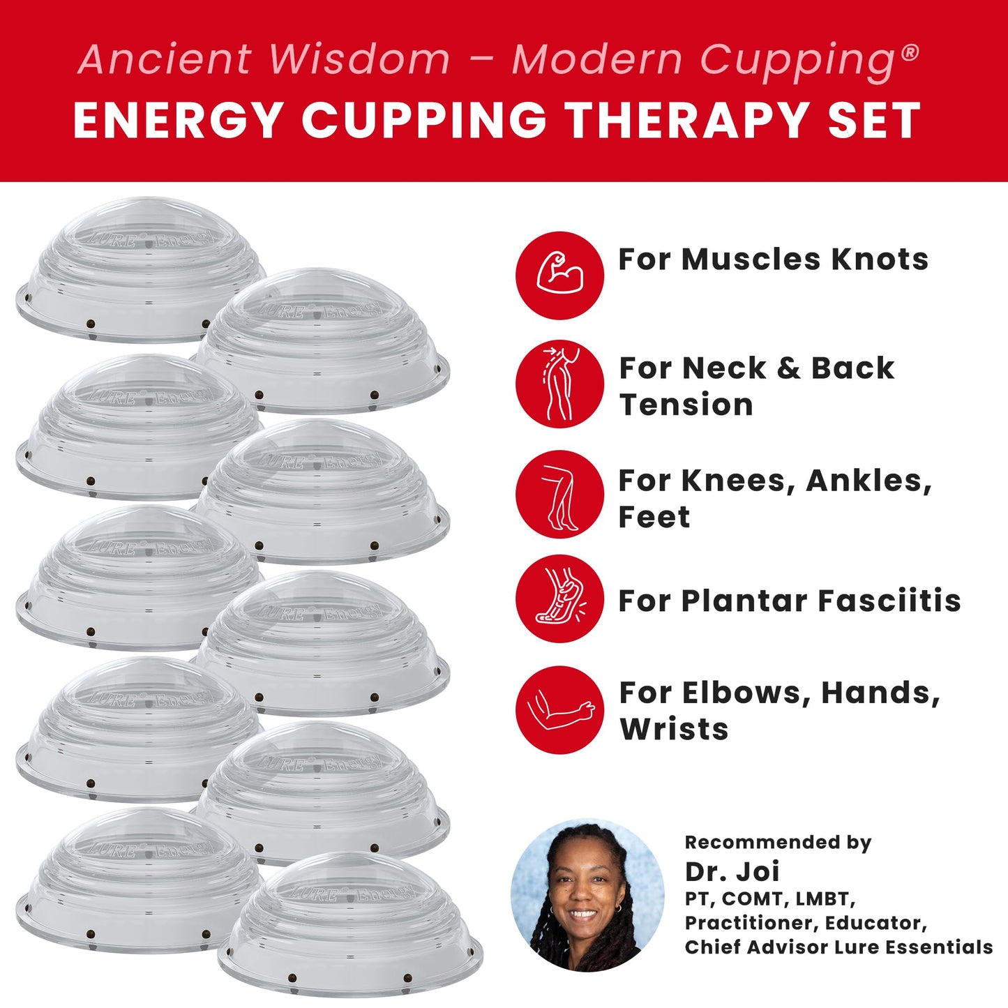 Lure Essentials Cupping Therapy Set 10 Professional Silicone Cupping Cups for Muscle Knots, Joints, Muscles, Arms and Feet Lure Essentials