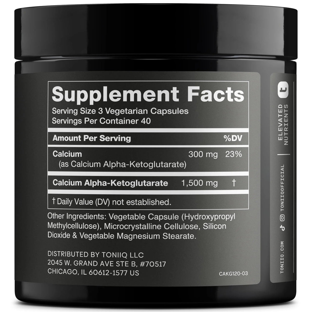 Toniiq 1500mg Ultra High Purity Ca AKG Supplement - 99%+ Highly Purified and Bioavailable Calcium Alpha-Ketoglutarate - Calcium AKG Longevity Supplement - 120 Ca-AKG Vegetarian Capsules Toniiq