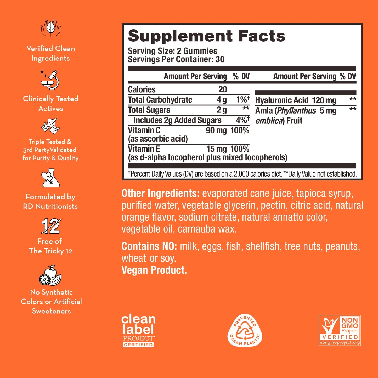 HUM Hyaluronic Glow Hydrating Skin Care Supplement, with Low Molecular Hyaluronic Acid, Vitamin C from Amla Fruit, and Vitamin E, Antioxidant Support for Skin Hydration, Tangerine, 60 Vegan Gummies HUM