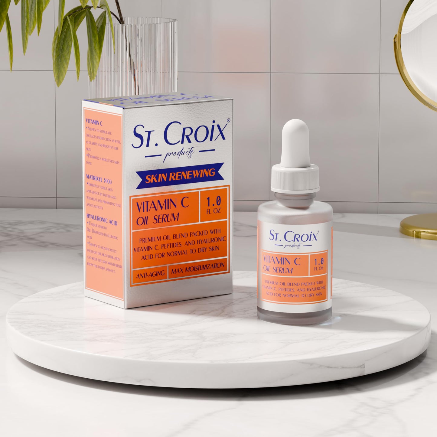 Vitamin C Face Oil Serum – 5% Oil-Soluble Vitamin C (THD Ascorbate) & Peptide Complex (Matrixyl 3000) – Hydrating with Squalane, Rosehip & Pomegranate – For Dry or Mature Skin– 1 fl oz St. Croix Products