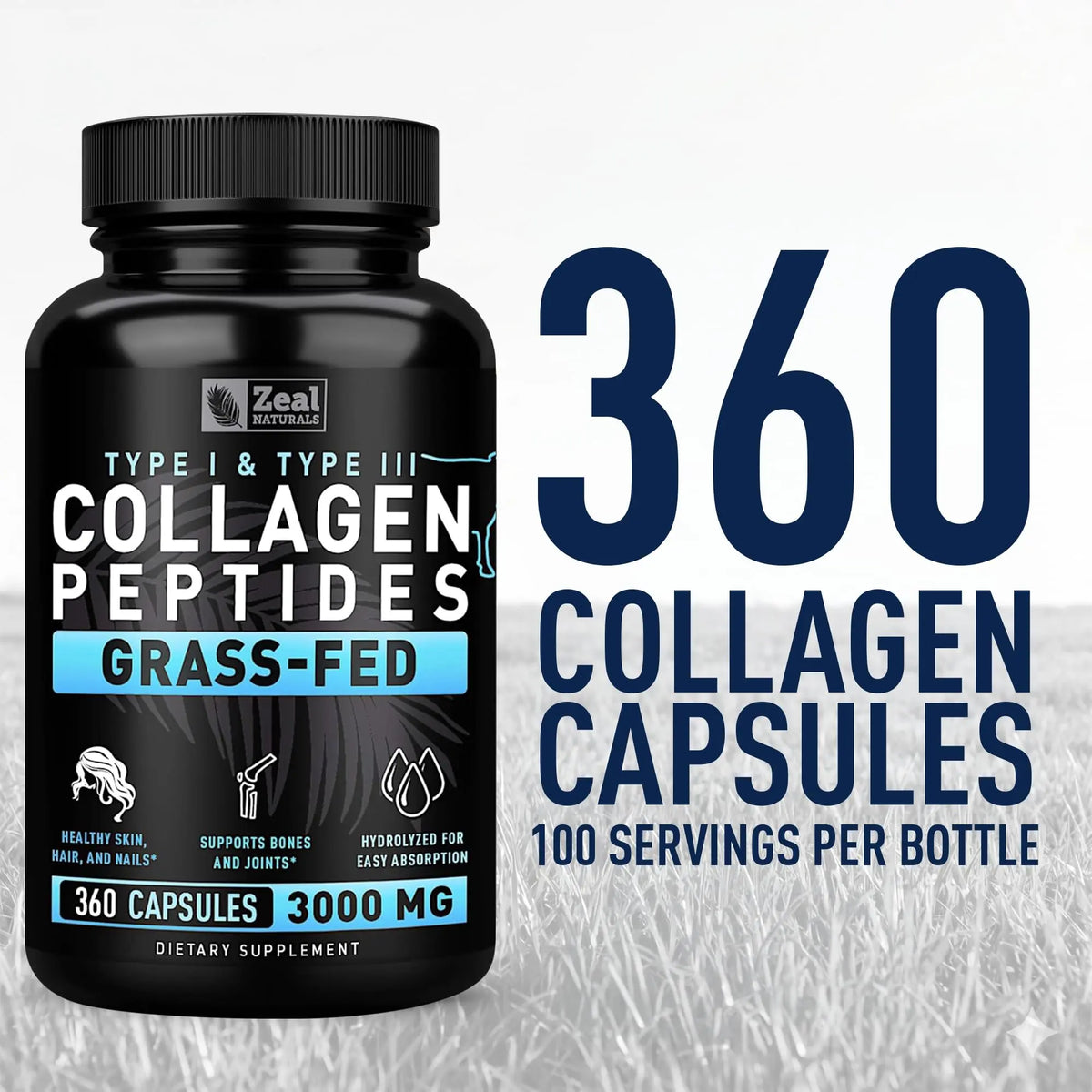 Collagen Peptides Capsules 360 Count - Grass Fed Bovine Hydrolyzed Collagen Pills - Hair, Skin & Nails, Joint Support - Collagen Supplements for Women & Men Zeal Naturals