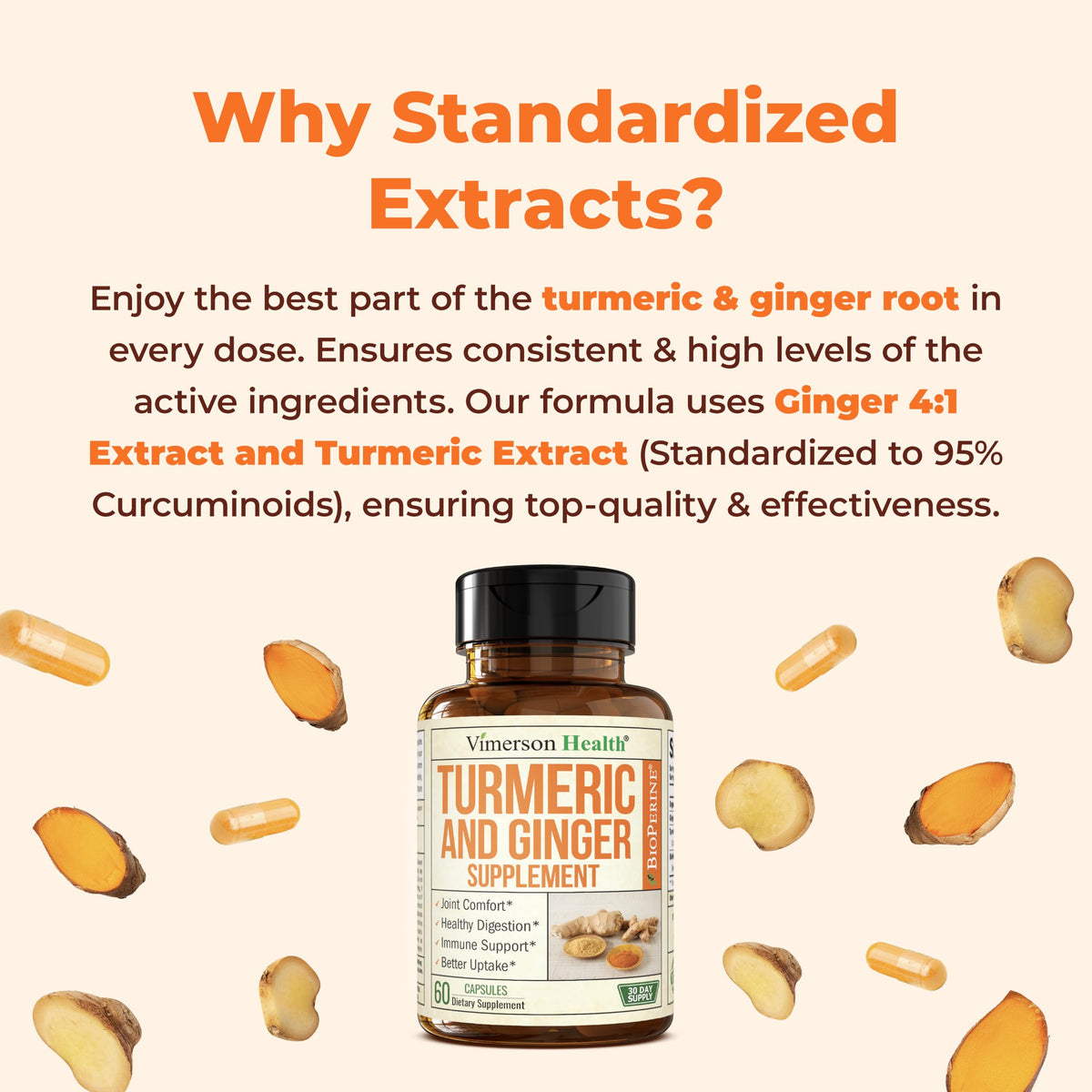 Turmeric and Ginger Supplement with Black Pepper for Joint Support, Digestive & Gut Health - Contains Organic Turmeric with Ginger Root Supplement Vimerson Health