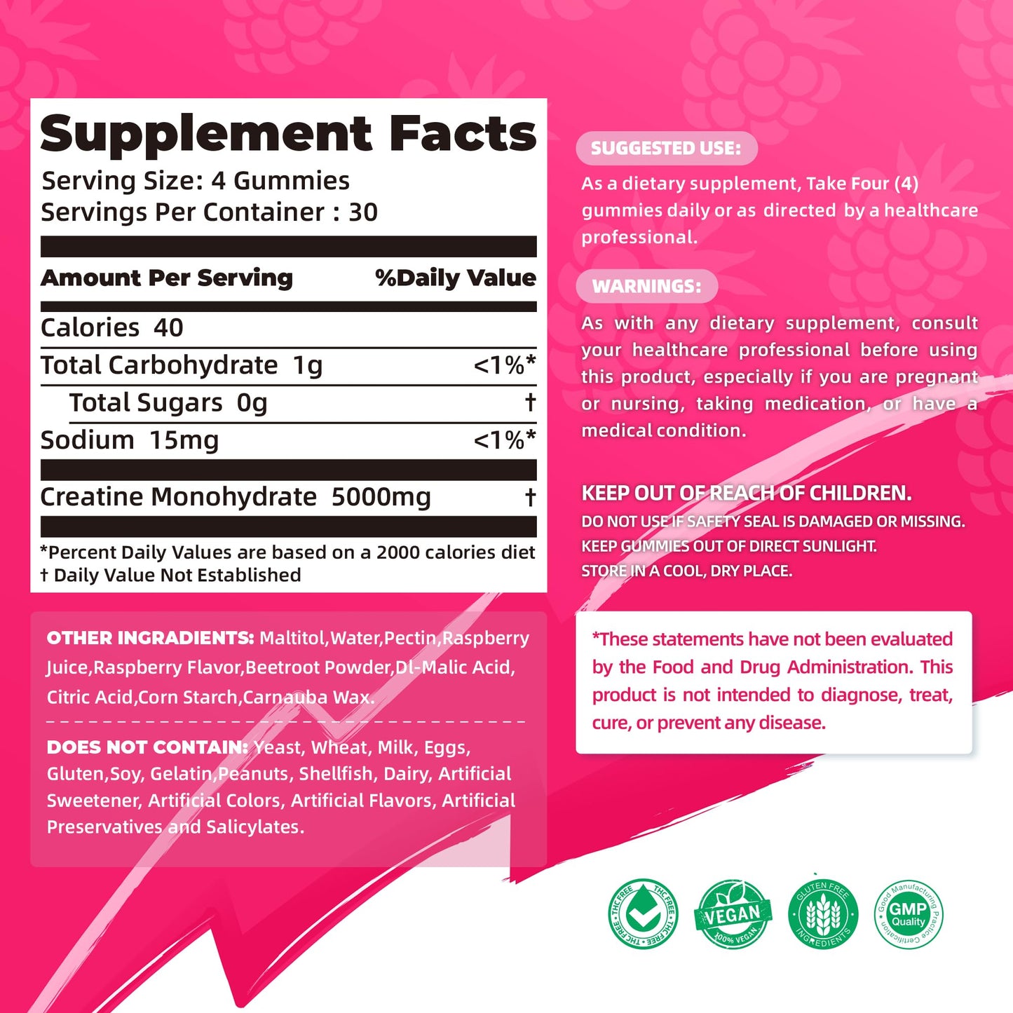 NSF Certified Creatine Gummy - Creatine Monohydrate Gummies 5000mg for Men & Women -120 Gummies Advanced Formula, Muscle Strength, Muscle Builder, Energy Boost, Pre-Workout Supplement-Raspberry Allcoovita