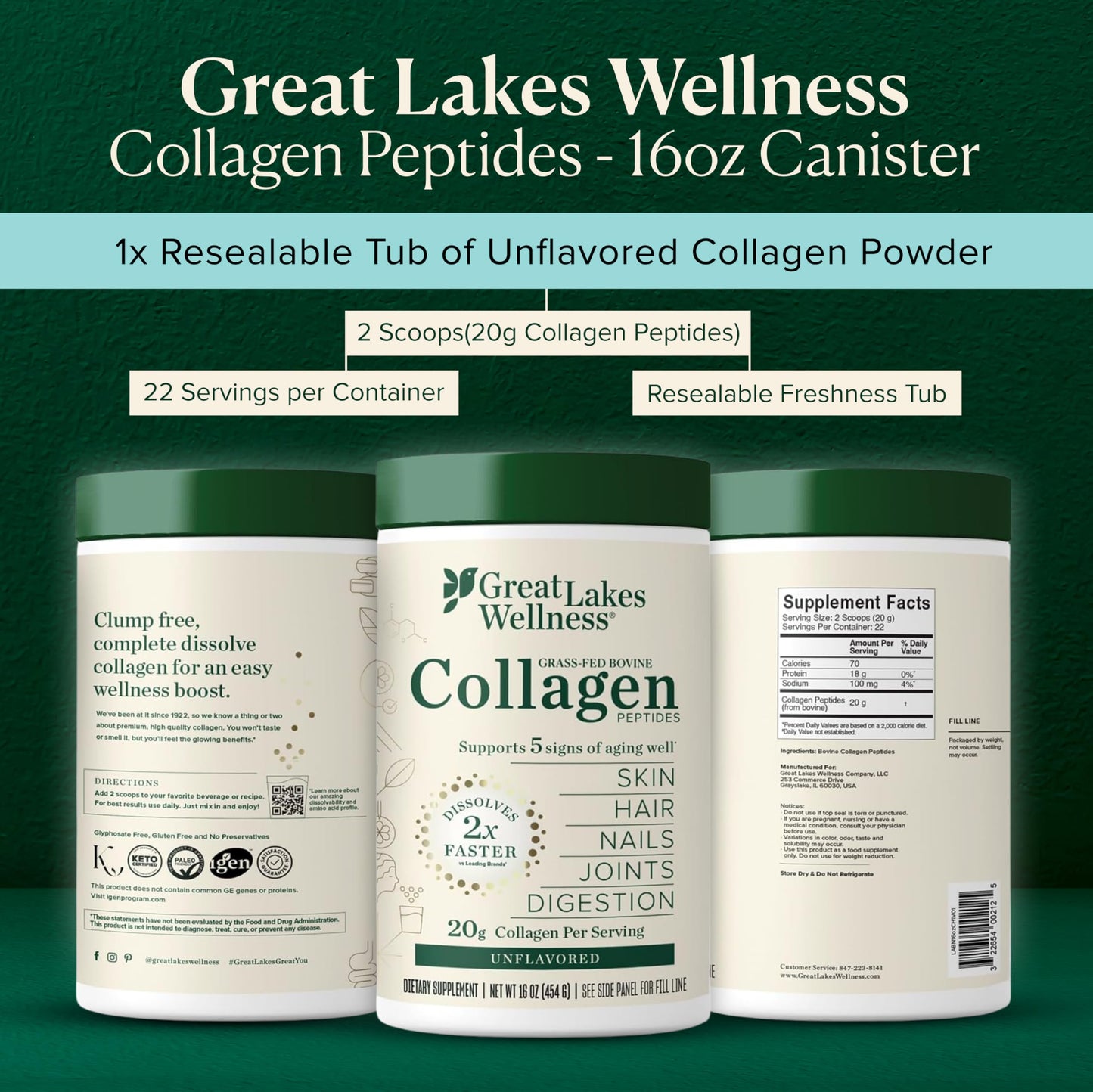 Great Lakes Wellness Collagen Peptides Powder – Supports Skin, Hair, Nails, Joints & Digestion – Hydrolyzed, Quick Dissolve Great Lakes Wellness