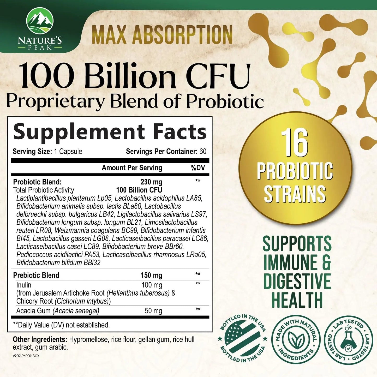 Probiotics 100 Billion CFU Per Serving - 16 Premium Probiotic Strains Prebiotics - Immune Support, Gut Health, Occasional Constipation, Gas & Bloating, Probiotics Supplement, USA Bottled, 60 Capsules Nature's Peak
