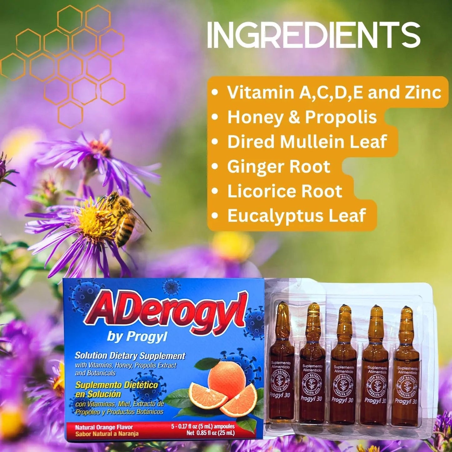 Aderogyl Oral Liquid Vitamins with A, C, D, E, Zinc, Bee Honey, Propolis, and Botanical Extracts - Natural Orange Flavor Aderogyl