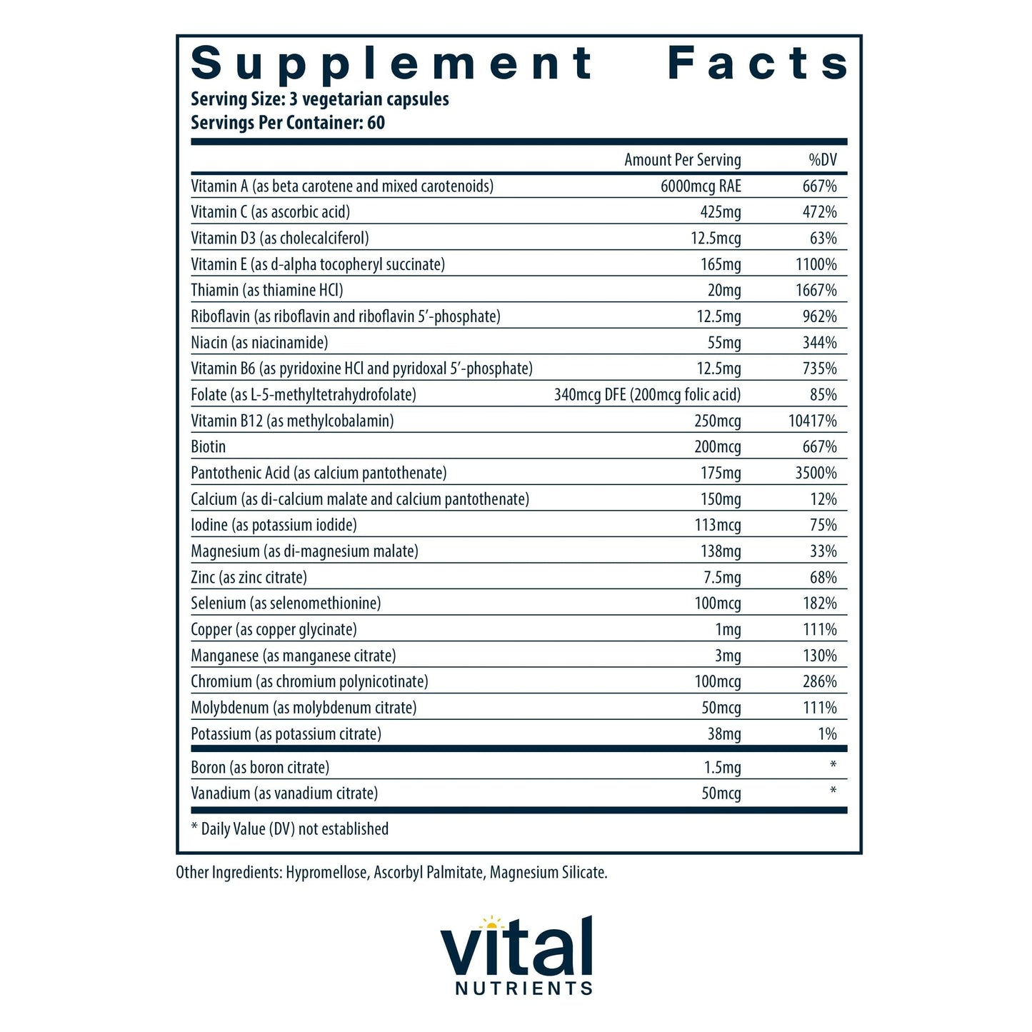 Vital Nutrients - Multi-Nutrients 2 - Citrate/Malate Formula (with Copper and Without Iron) - Multi-Vitamin/Mineral, Potent Antioxidants, Gentle Bioavailable Form - 180 Vegetarian Capsules per Bottle Vital Nutrients