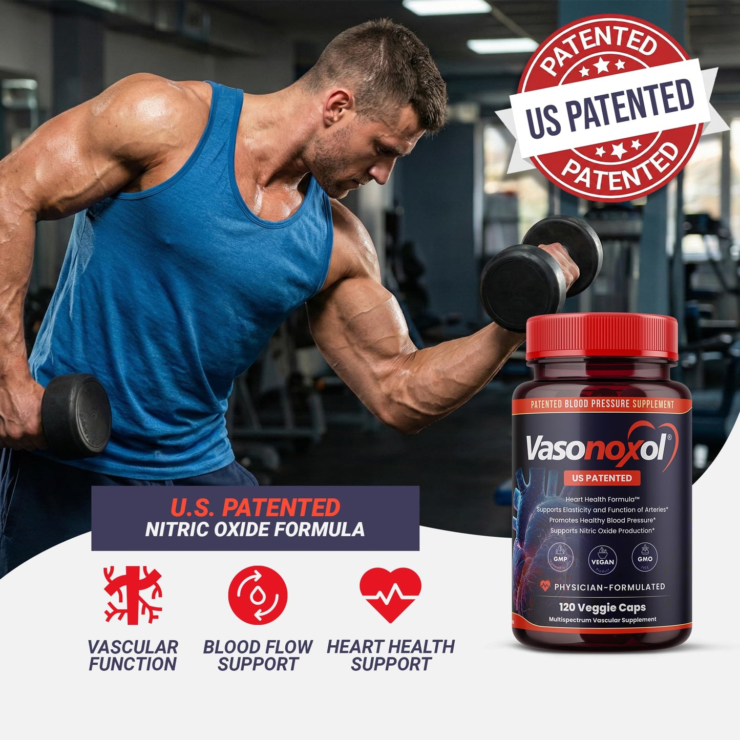 Vasonoxol U.S. Patented Nitric Oxide Supplement for Blood Pressure Support 2880mg - Physician Formulated Vascular Health Formula with L-Arginine & L-Citrulline - Vegan, Non-GMO (120 Capsules) Panoxol