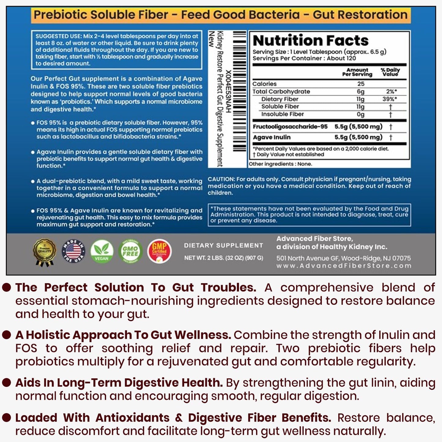 Perfect Gut: Inulin FOS Powder for Gut Health. Prebiotic Inulin. Unique Prebiotic 95% FOS Inulin Agave Fiber Kidney Restore