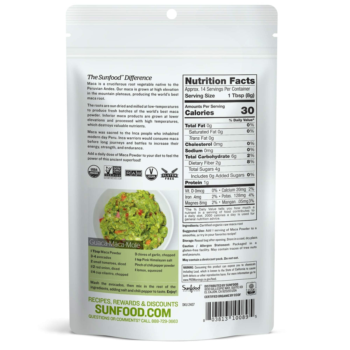 Sunfood Organic Maca Powder - Maca Root Powder, Maca Powder Organic, Maca Supplement for Men & Women with Adaptogens, Peruvian, Raw, Vegan, Premium Maca Powder - 4 Oz Bag Sunfood Superfoods