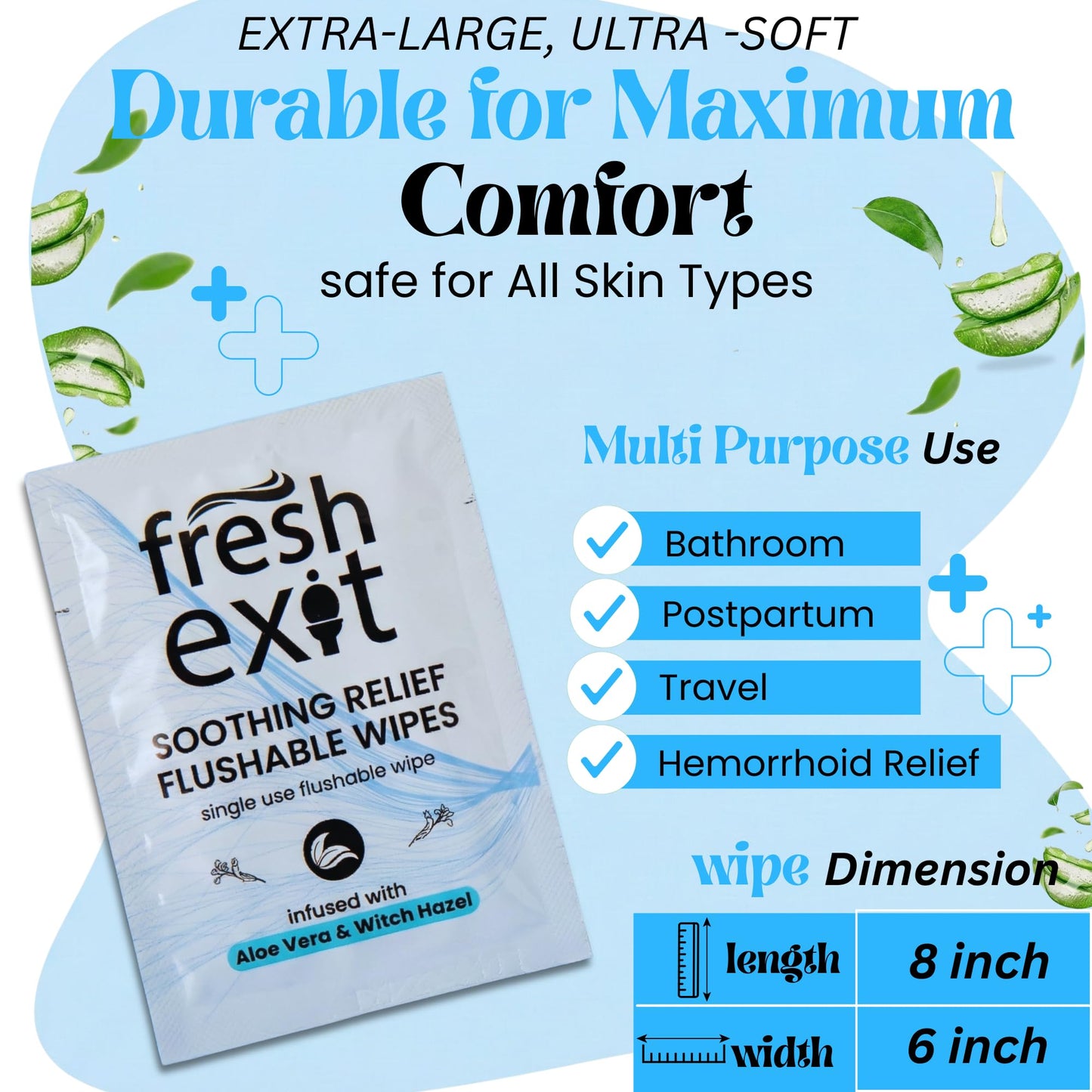 FreshExit Flushable Hemorrhoid Wipes – 36 Count – Individually Wrapped with Witch Hazel & Aloe Vera, Large Discreet Travel Wipes for Adults, Soothing & Gentle on Skin FreshExit