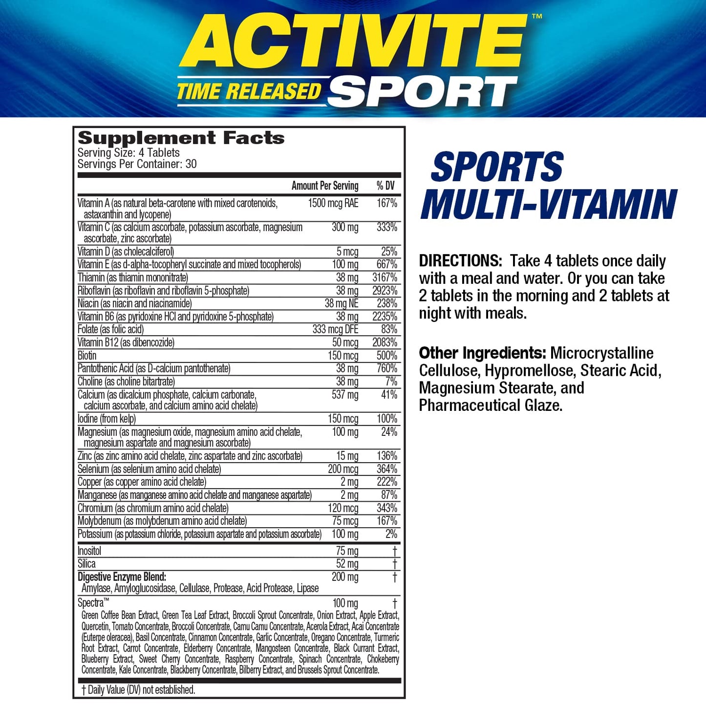 MHP Activite Sport Multi Vitamin, 25 Vitamins and Minerals, Nitric Oxide Booster, Digestive Enzymes, Antioxidants, 120 Tablets Maximum Human Performance