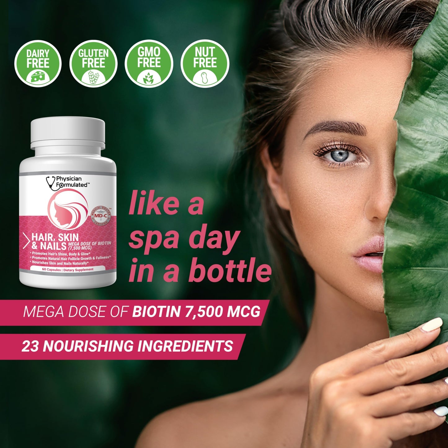 Physician Formulated Healthy Hair Skin and Nails Vitamins for Men and Women - 7500 mcg Biotin, Amino Acids, Collagen and Hyaluronic Acid - 60 Capsules Physician Formulated