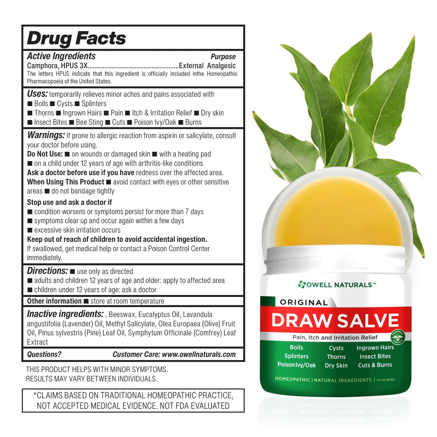 OWELL Naturals Drawing Salve Ointment for Boil & Cyst Removal, Deep Ingrown Hair, Splinter Remover, Bug Spider Bites, Bee Sting, Mosquito Itching, Poison Ivy Owell Naturals