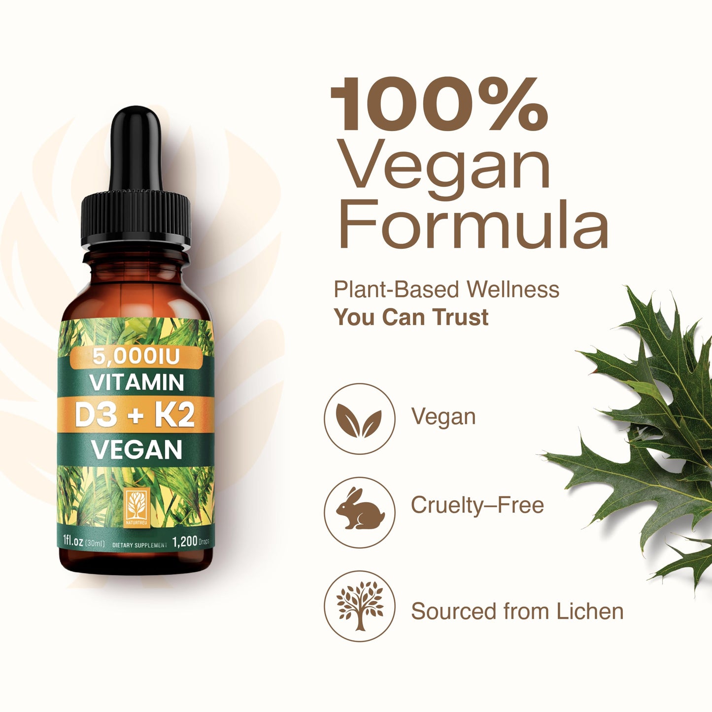 NATURTREU Vegan Vitamin D3 K2 Liquid Drops with MCT Oil for Adults (240 Servings) - Liquid Vitamin D K2 MK7 - All Natural, Non-GMO & Dr Formulated with 3X More Absorption - Third-Party Tested NATURTREU