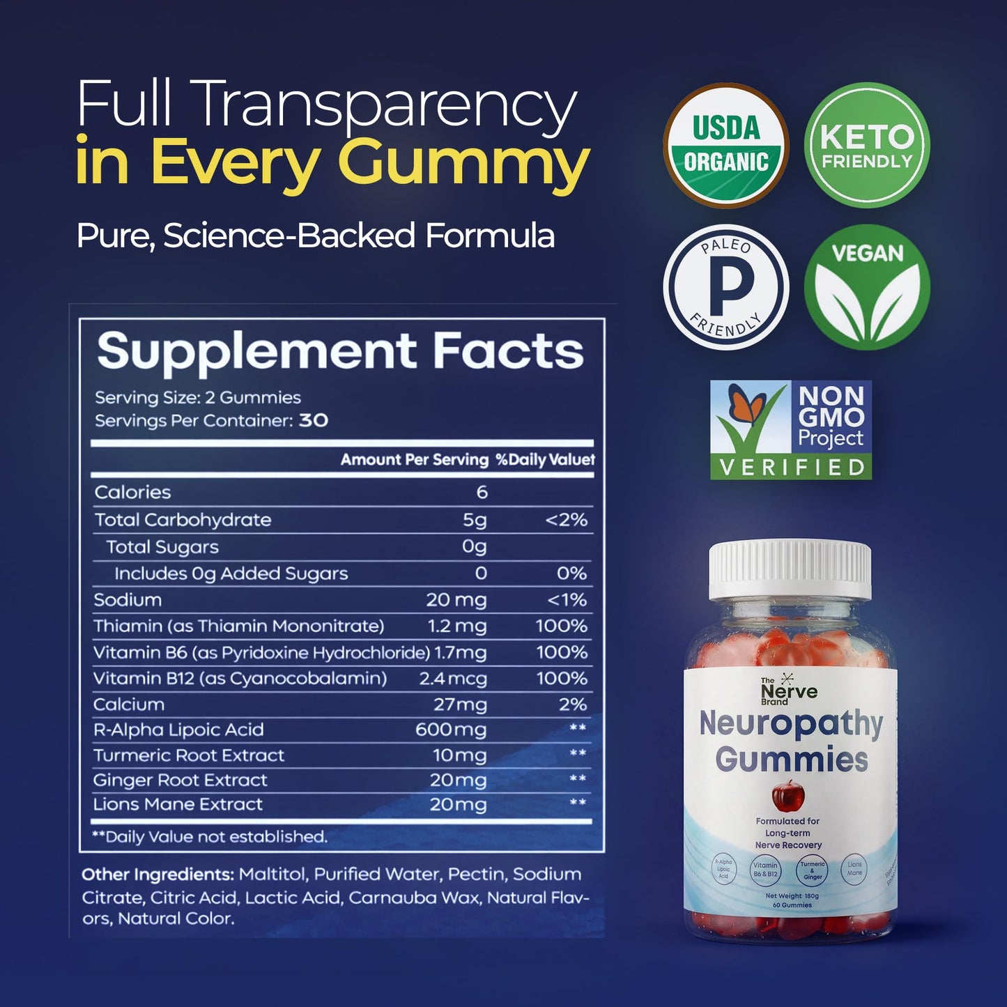 The Nerve Brand Neuropathy Support Gummies, 600 mg R Alpha Lipoic Acid Gummies with B1 B6 B12 and Lion’s Mane, Sugar Free Daily Nerve Health Supplement, 30 Day Supply The Nerve Brand