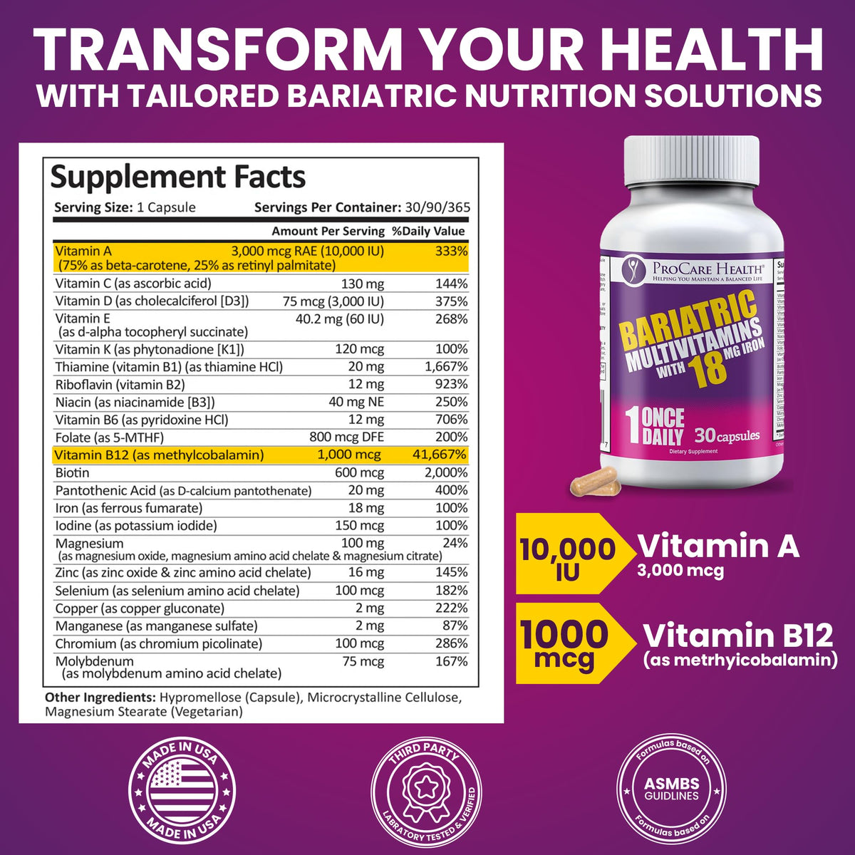 ProCare Health Bariatric Multivitamin with Iron 18mg (30 Easy to Swallow Capsules) - Post Op Bariatric Vitamins ProCare Health