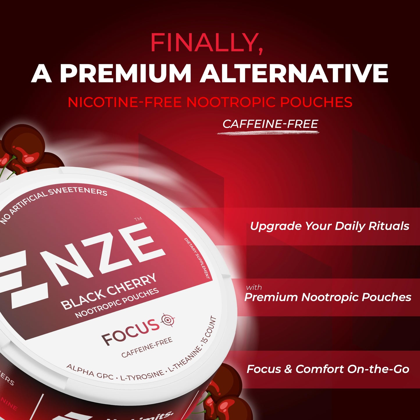 NZE Caffeine Free Nootropic Pouches (Black Cherry) - Nootropic Pouches with Alpha GPC, L-Tyrosine & L-Theanine - No Sugar or Artificial Sweeteners - 15 Pouches Per Can - 5 Pack NZE
